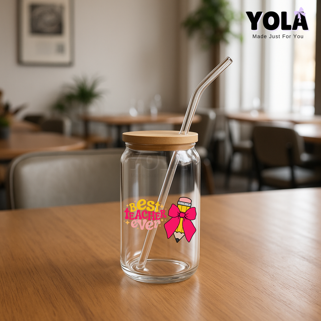 Clear Glass can- Pencil & Ribbon Design