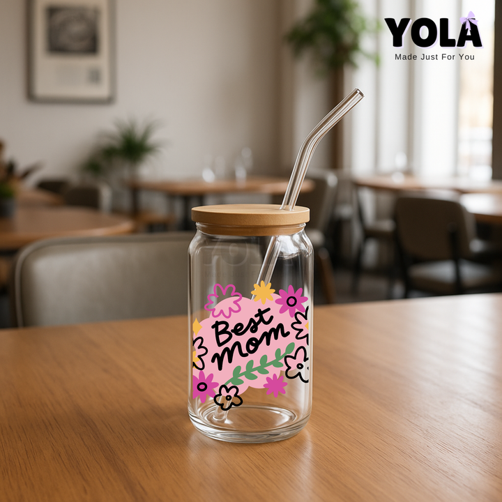 Clear Glass can-Best Mom Ever Floral