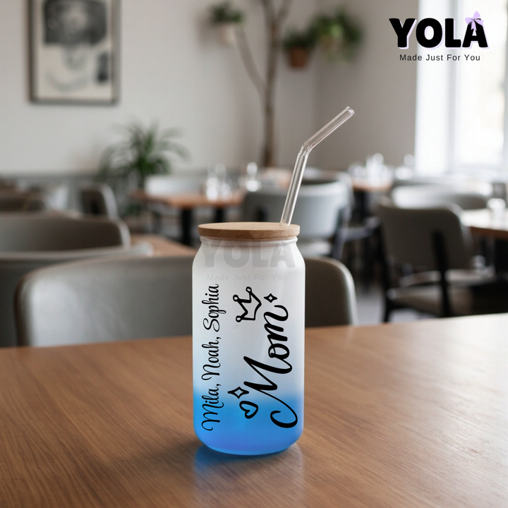 Frosted Glass can- Queen Mom Monochrome customized with kids names