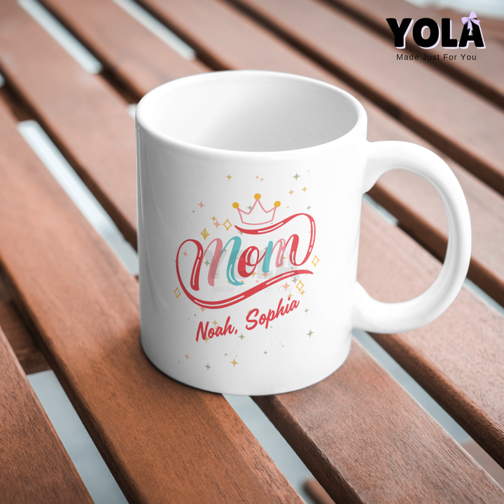 White Ceramic Mug- Queen Mom customized with kids names