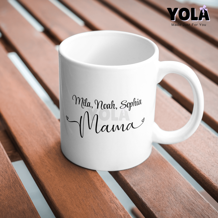 White Ceramic Mug- Mama's Heart customized with kids names