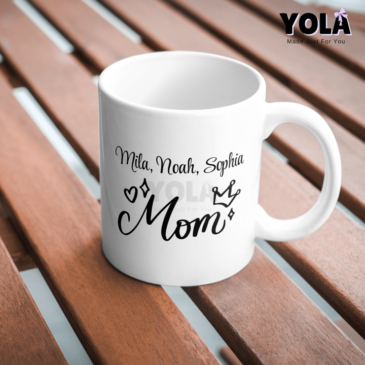 White Ceramic Mug- Queen Mom Monochrome customized with kids names
