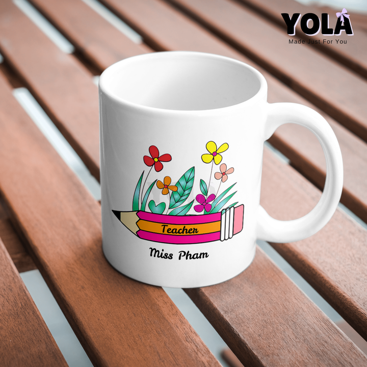 White Ceramic Mug -Teacher Pencil Bloom