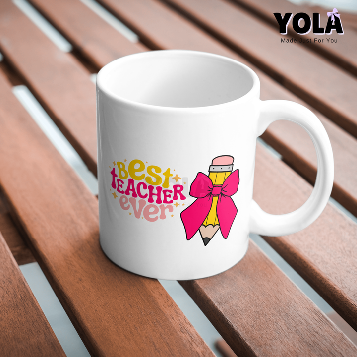 White Ceramic Mug- Pencil & Ribbon Design