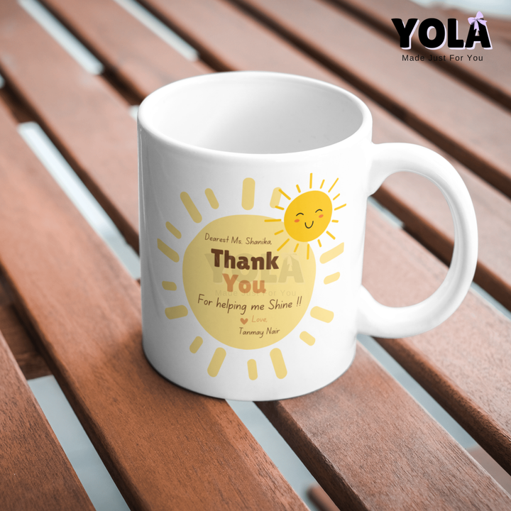 White Ceramic Mug -Teacher Thanks for Helping Me Grow – Shining Sun