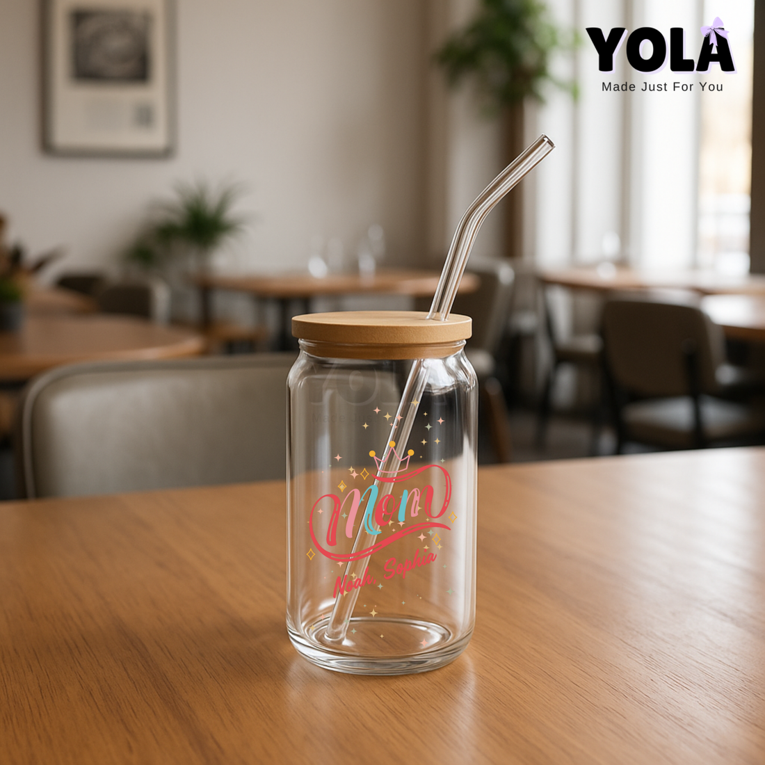 Clear Glass can- Queen Mom customized with kids names