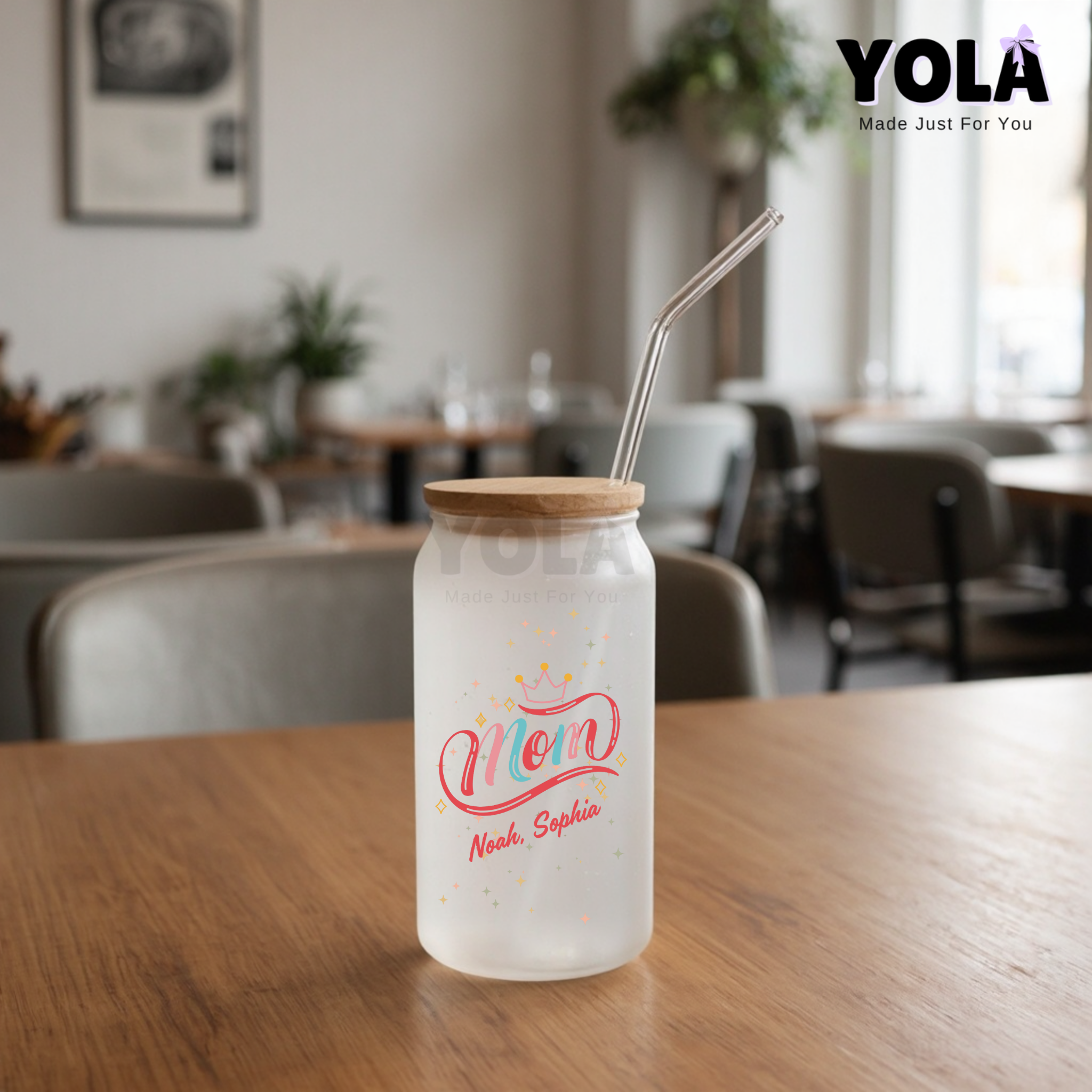 Frosted Glass can- Queen Mom customized with kids names