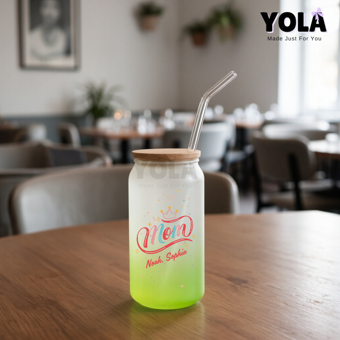 Frosted Glass can- Queen Mom customized with kids names