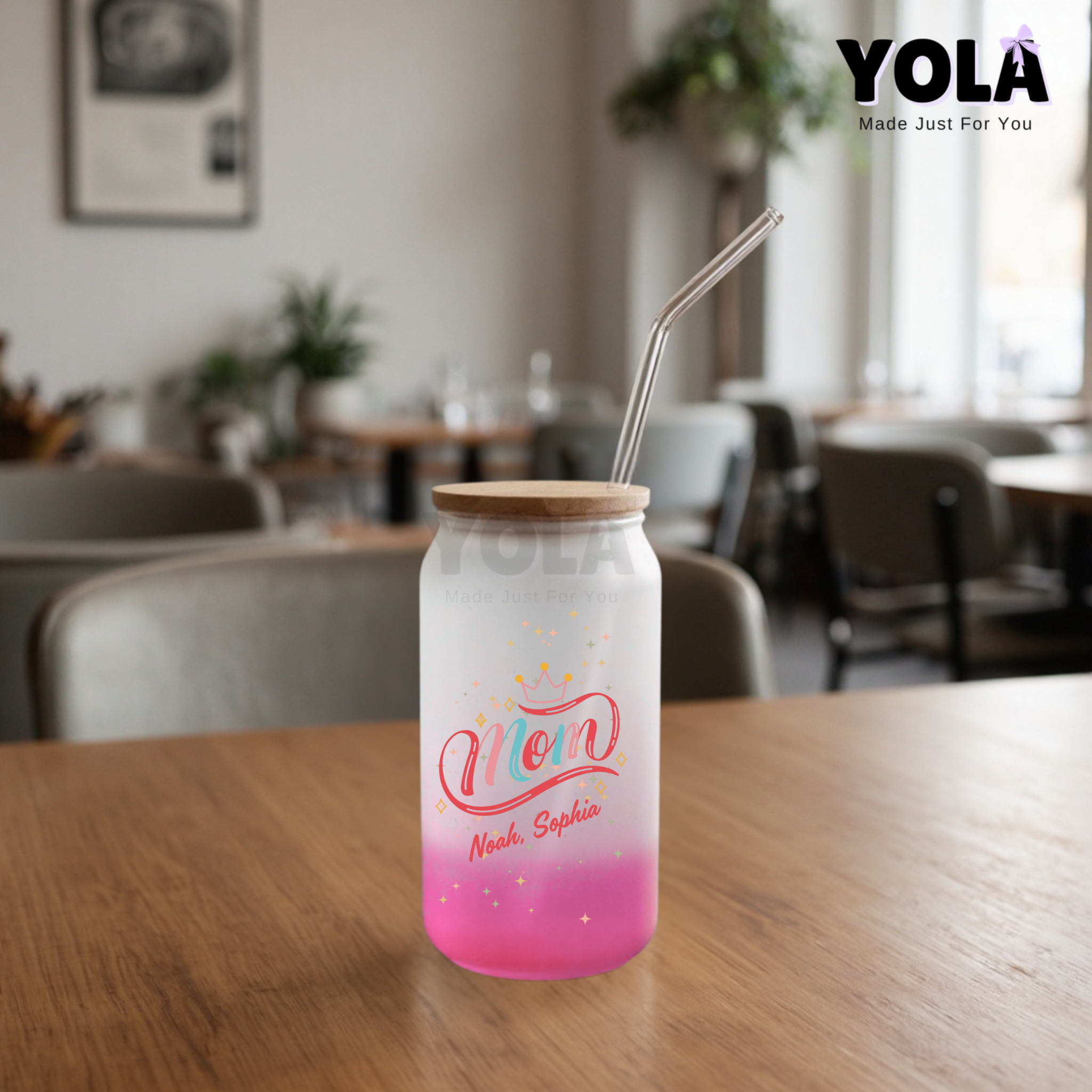 Frosted Glass can- Queen Mom customized with kids names