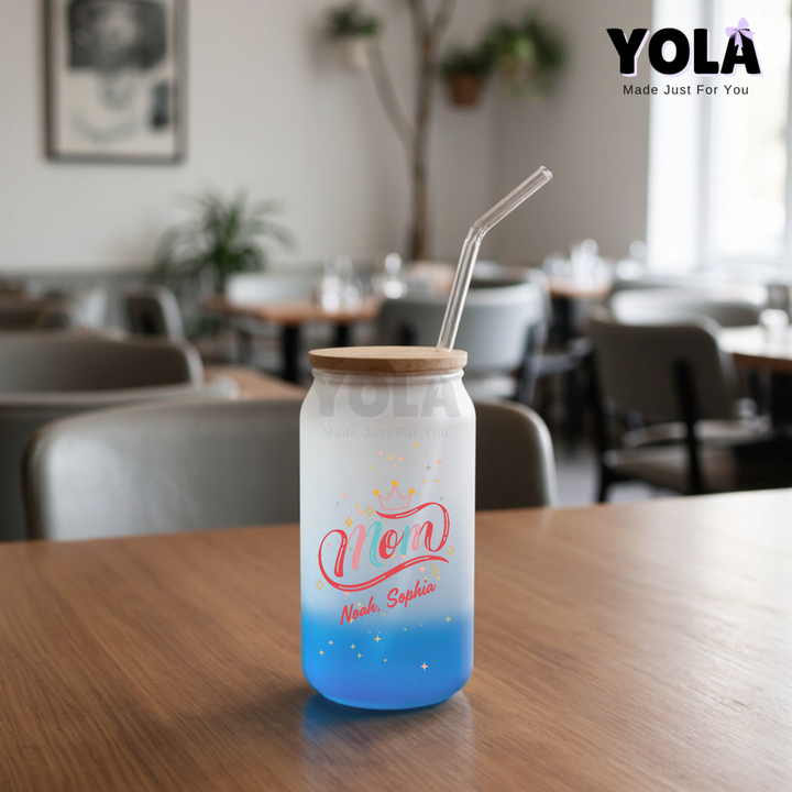 Frosted Glass can- Queen Mom customized with kids names