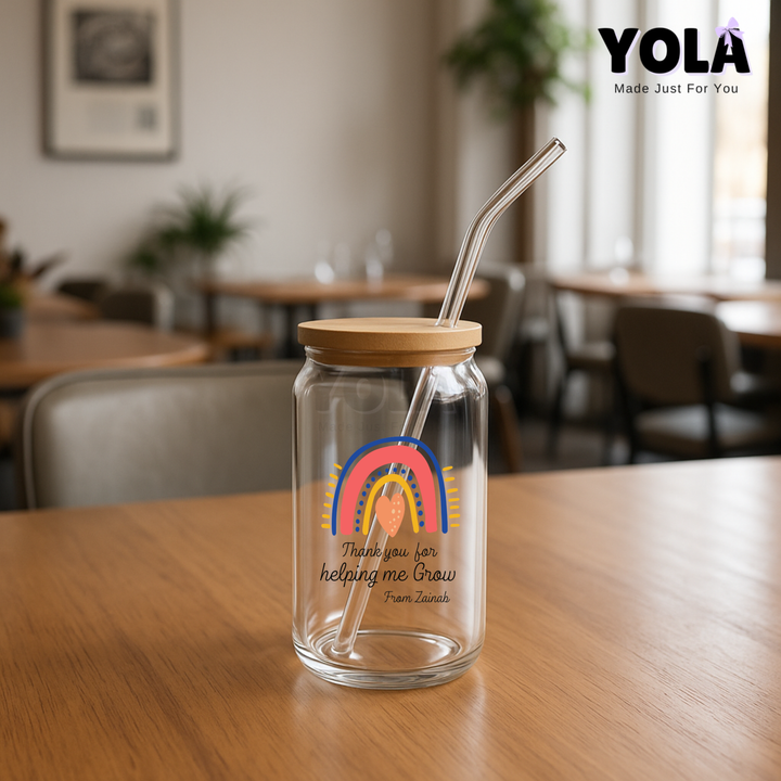 Clear Glass can-Teacher Thanks for Helping Me Grow – Rainbow