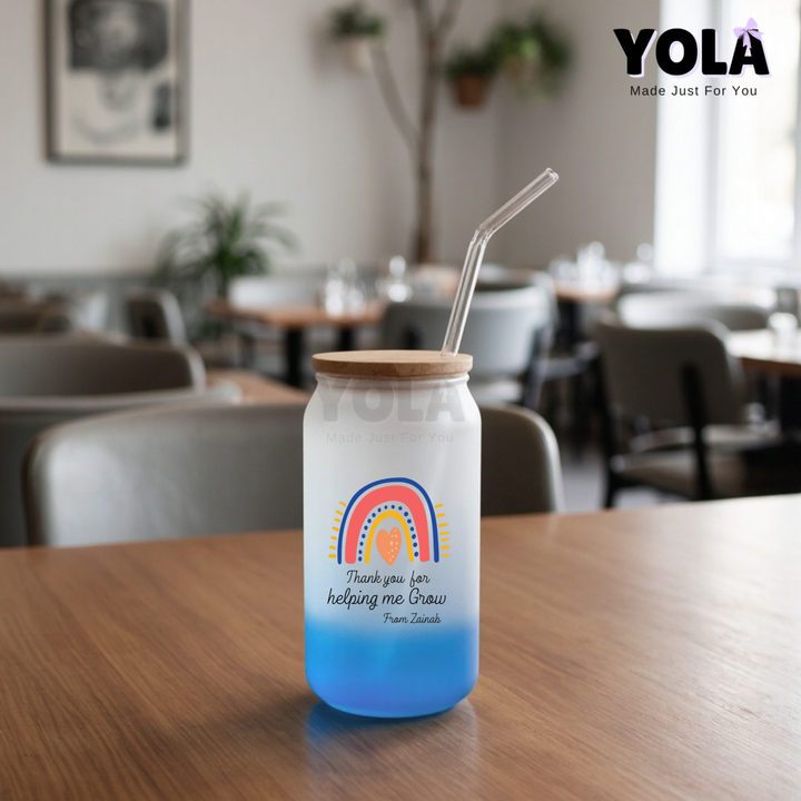 Frosted Glass can-Teacher Thanks for Helping Me Grow – Rainbow