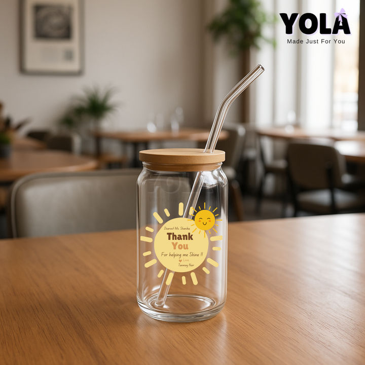 Clear Glass can-Teacher Thanks for Helping Me Grow – Shining Sun