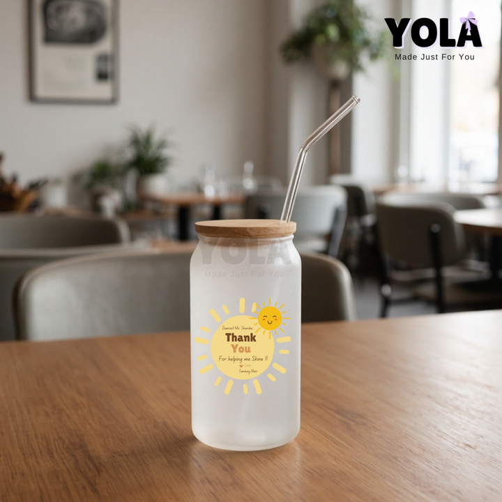 Frosted Glass can-Teacher Thanks for Helping Me Grow – Shining Sun