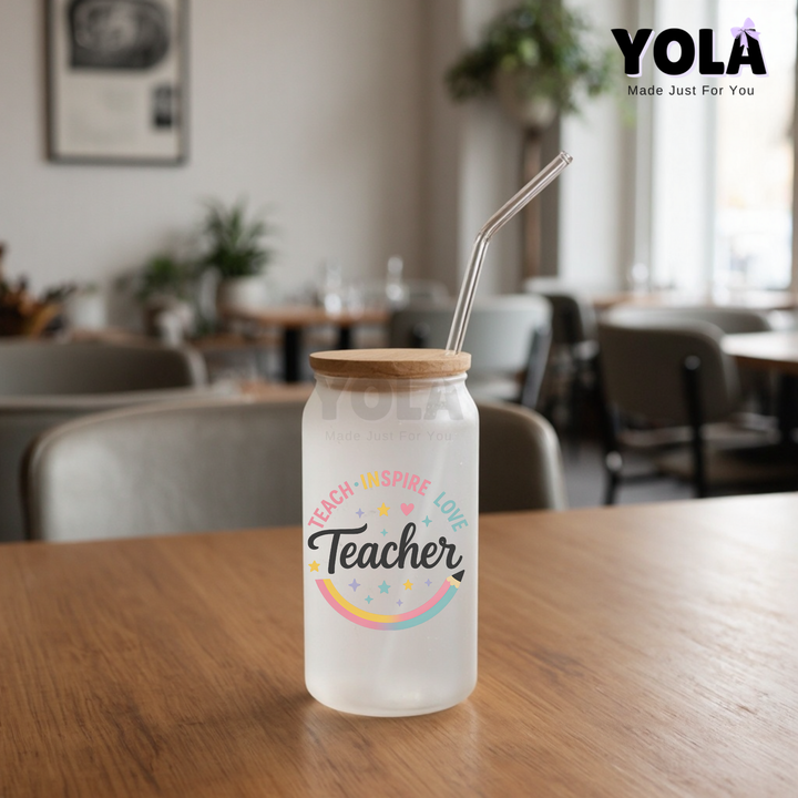 Frosted Glass can-Teacher Pencil Teach Love inspire